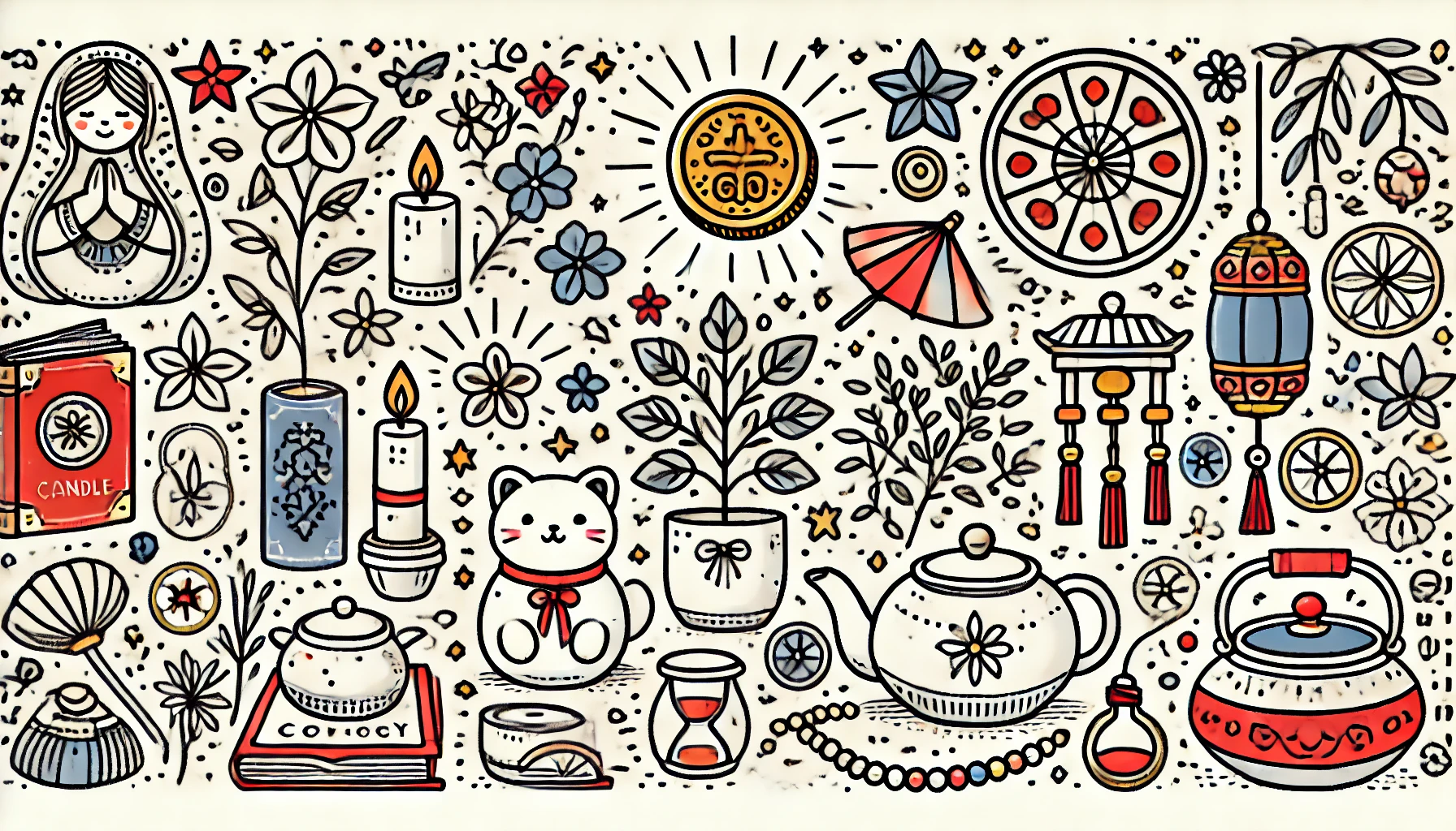 simple doodle line vector illustration, centering on seven distinct lucky items including a handcrafted candle, a decorative plant, a sparkling gold coin, a colorful family cookbook, a cozy teapot, a delicate necklace, and a cheerful wind chime, unembellished yet cute, fundamental silhouettes, skillfully rendered computerized art, capricious hand-sketched motif, smooth and clean composition, white lines with red, blue and yellow shapes, (on a plain white background:1.4), (Resolution:1920x1080px), (aspect ratio:16:9)