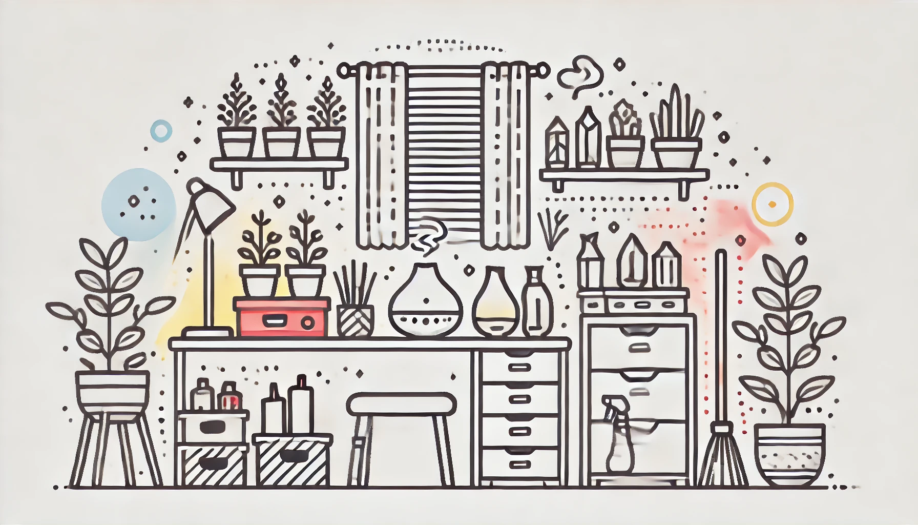 simple doodle line vector illustration, centering on a neatly organized living space, featuring storage boxes, potted plants, cleaning tools, minimalistic desk organizers, aroma diffuser emitting light vapor, crystal stones on a shelf, soft and elegant curtains, unembellished yet cute, fundamental silhouettes, skillfully rendered computerized art, smooth and clean composition, white lines with red, blue and yellow shapes, (on a plain white background:1.4), (Resolution:1920x1080px), (aspect ratio:16:9)