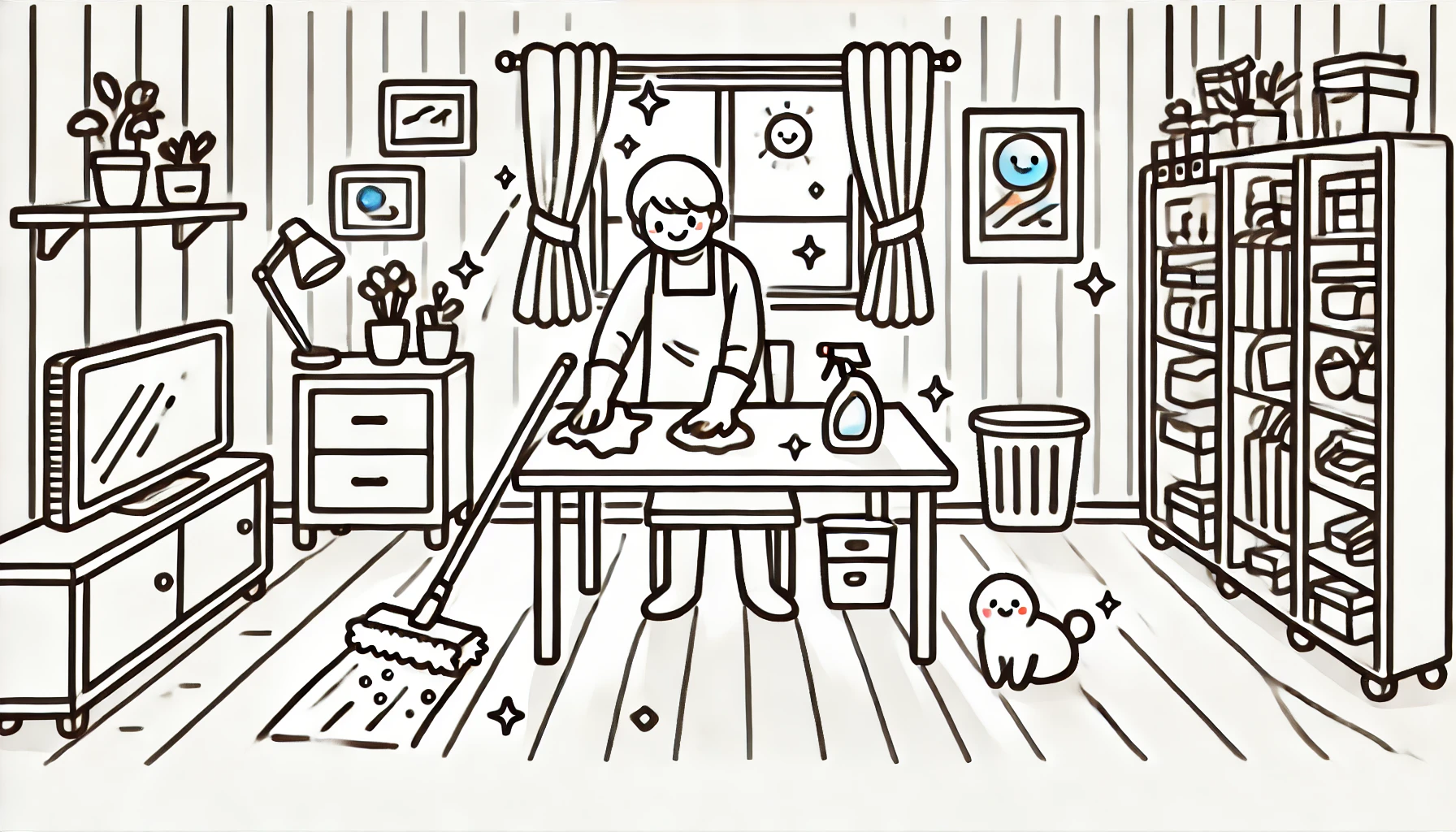 simple doodle line vector illustration, centering on a person cleaning a desk with a satisfied expression, a sparkling clean room in the background, neatly arranged furniture, natural light streaming in, white lines with red, blue and yellow shapes, unembellished yet cute, fundamental silhouettes, skillfully rendered computerized art, smooth and clean composition, (on a plain white background:1.4), (Resolution:1920x1080px), (aspect ratio:16:9)