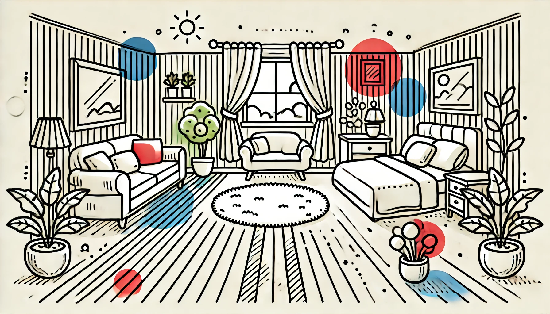 simple doodle line vector illustration, centering on a bedroom with carefully placed furniture, bed near a window, bright sunlight coming through curtains, a cozy sofa with pillows, pathway showing optimal movement flow, green plants for vibrancy, unembellished yet cute, fundamental silhouettes, white lines with red, blue and yellow shapes, smooth and clean composition, (on a plain white background:1.4), (Resolution:1920x1080px), (aspect ratio:16:9)