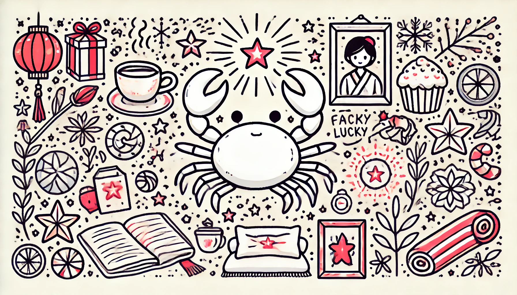 simple doodle line vector illustration, centering on a symbolic crab holding a glowing teapot, surrounded by family-related lucky items such as a framed picture, a cozy blanket, and shining stars, unembellished yet cute, fundamental silhouettes, skillfully rendered computerized art, capricious hand-sketched motif, smooth and clean composition, white lines with red, blue and yellow shapes, (on a plain white background:1.4), (Resolution:1920x1080px), (aspect ratio:16:9)