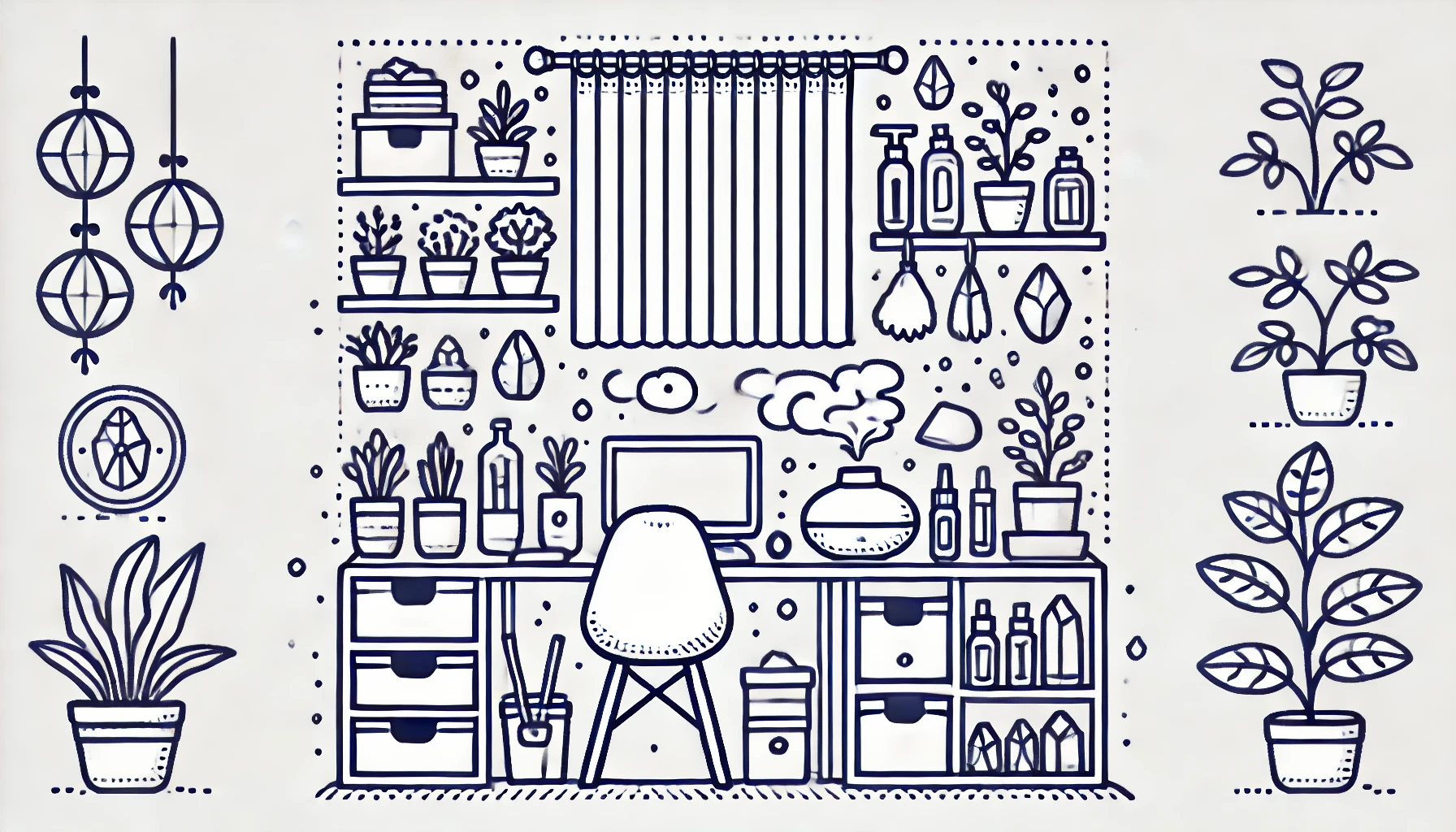 simple doodle line vector illustration, centering on a neatly organized living space, featuring storage boxes, potted plants, cleaning tools, minimalistic desk organizers, aroma diffuser emitting light vapor, crystal stones on a shelf, soft and elegant curtains, unembellished yet cute, fundamental silhouettes, skillfully rendered computerized art, smooth and clean composition, white lines with red, blue and yellow shapes, (on a plain white background:1.4), (Resolution:1920x1080px), (aspect ratio:16:9)