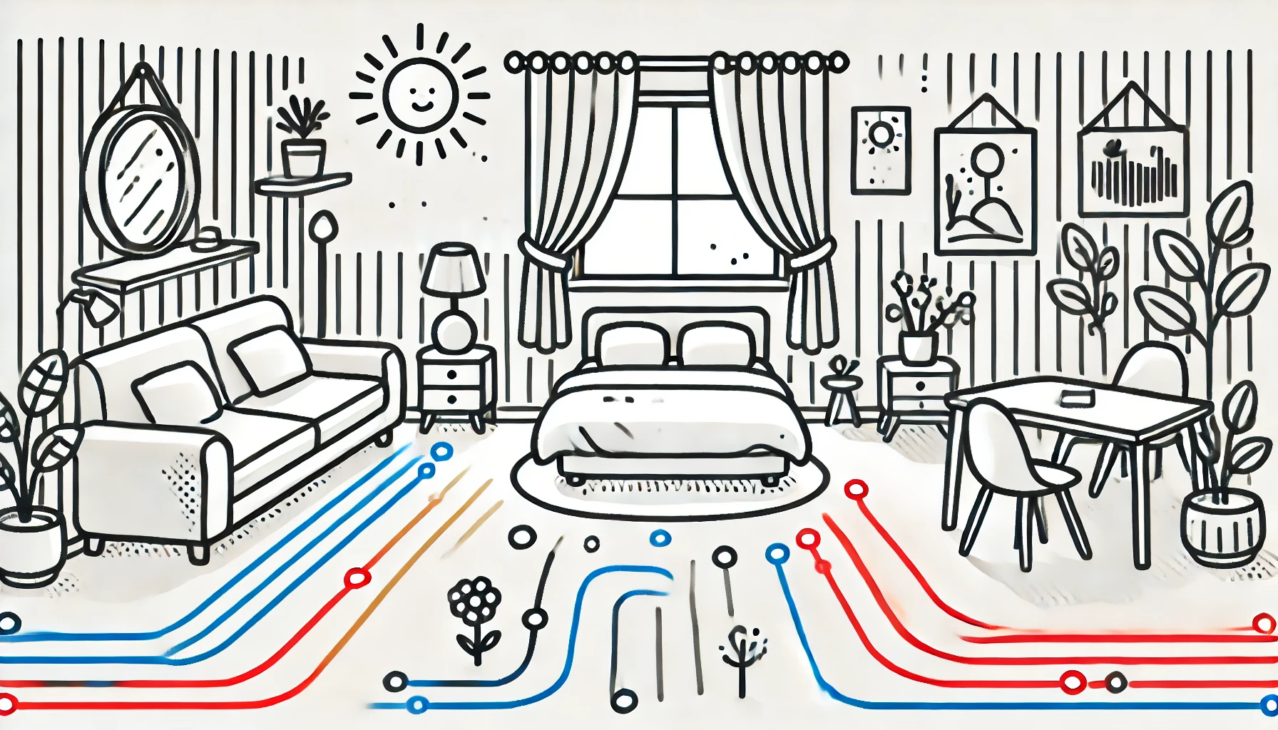 simple doodle line vector illustration, centering on a bedroom with carefully placed furniture, bed near a window, bright sunlight coming through curtains, a cozy sofa with pillows, pathway showing optimal movement flow, green plants for vibrancy, unembellished yet cute, fundamental silhouettes, white lines with red, blue and yellow shapes, smooth and clean composition, (on a plain white background:1.4), (Resolution:1920x1080px), (aspect ratio:16:9)