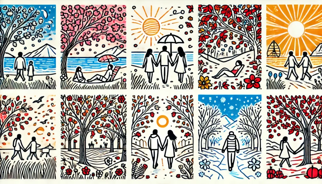 桜や紅葉など四季の景色を楽しむカップル