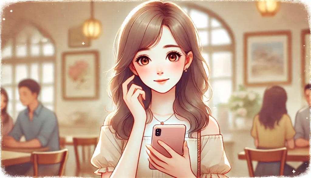 A cute woman in her early 20s holding a smartphone and looking at it with a hopeful and slightly emotional expression, as if preparing to reconnect with someone. She has soft facial features and a youthful, attractive appearance. The background is a softly blurred café or cozy indoor space, evoking a warm and inviting atmosphere. The overall mood is forward-looking and emotional, symbolizing the beginning of a reconciliation journey. The color palette is soft and warm with a watercolor-like touch. The image is in a wide 16:9 format, suitable for a blog header.