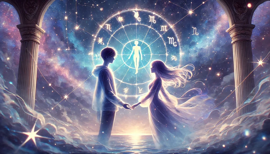 A dreamy, anime-style illustration of a night sky where a glowing celestial zodiac chart floats in the background. The setting emphasizes a mystical and cosmic atmosphere, with soft, radiant stars scattered across a deep blue and violet night sky. In the center, the translucent silhouettes of a beautiful young man and woman (in their early 20s) are gently reaching out to hold each other’s hands. Their full bodies are shown, softly glowing and blending with the ethereal night. The overall ambiance is serene, romantic, and otherworldly. The background should be simple, softly blurred with a single color tone, and no text or numbers should appear in the image. The image should resemble a scene from a manga, with delicate line work and soft color tones.