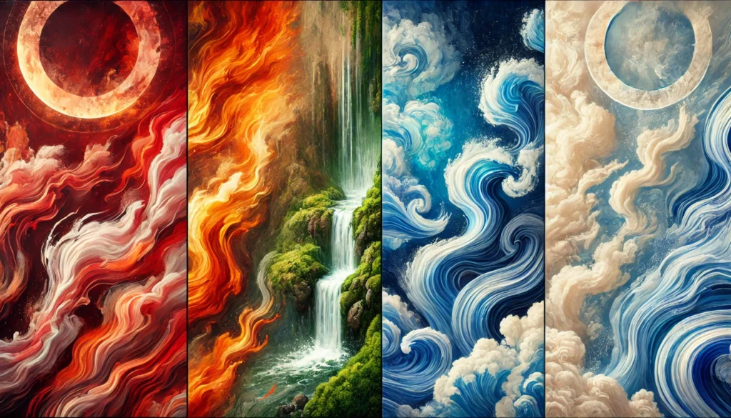 A 16:9 wide-format image showing four abstract panels side by side, each representing one of the classical elements: Fire, Earth, Water, and Air. The Fire panel features vibrant red, orange, and yellow flames with energetic movement. The Earth panel shows deep greens and browns with textures like soil, rocks, and leaves. The Water panel is composed of flowing, wave-like patterns in deep and soft blues, suggesting depth and calm. The Air panel features light blues and whites with soft, swirling, cloud-like forms. The overall aesthetic is modern and mystical, using a glowing watercolor-inspired style with high visual harmony.