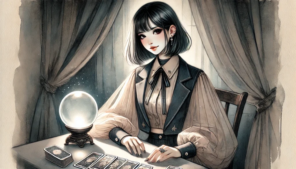 An illustration in a soft, watercolor-inspired style of a mystical Japanese female fortune teller in her 20s. She wears slightly avant-garde, fashion-forward clothing with a mysterious and elegant aura. She is sitting at a table, laying out tarot cards and a crystal ball, her expression calm and introspective. The scene is dimly lit with moody lighting, and a focused glow highlights the cards on the table. The background is shadowy and atmospheric, enhancing the magical, spiritual vibe. The overall illustration style is delicate, artistic, and modern with a touch of fantasy, ideal for a blog or storytelling visual.