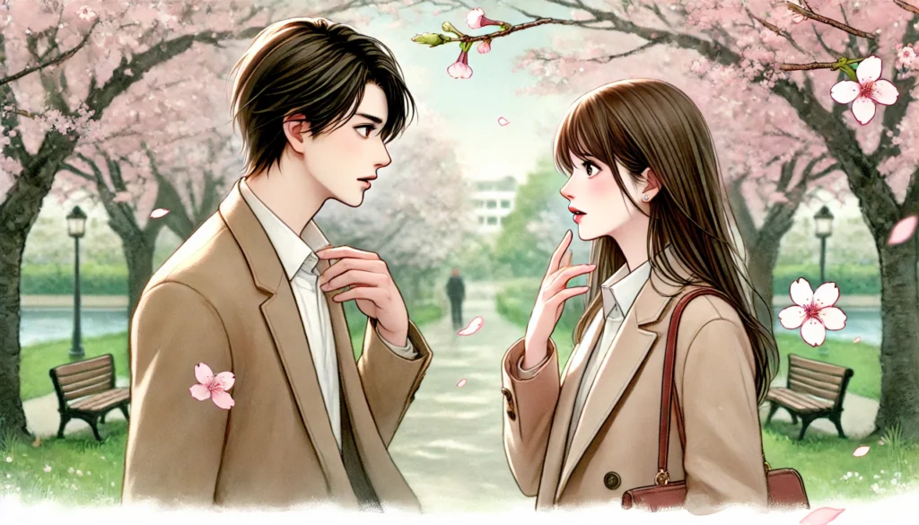 A 16:9 wide-format illustration of a fateful spring reunion between a Japanese man and woman in their 20s in a park. Both are naturally attractive, with soft, natural fashion and gentle expressions. They have just spotted each other from a distance, creating a moment full of surprise and quiet emotion. Cherry blossom petals are gently floating in the air, adding a romantic and dreamy feeling. The background features soft spring colors, blooming trees, and a slightly blurred park setting. The overall illustration style is delicate, watercolor-inspired, and emotional, evoking a sense of destiny and beauty in the encounter.