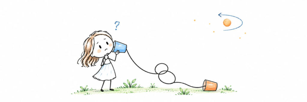 糸が絡まった糸電話を持つ棒人間のイラスト（水星逆行の連絡のすれ違い）
