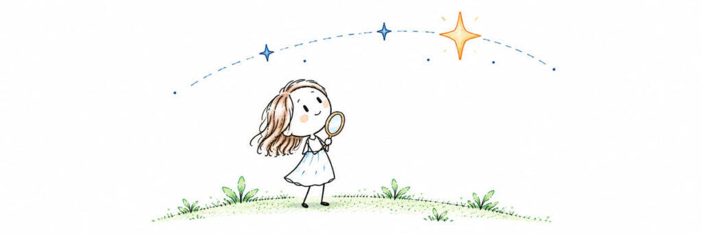 手鏡を持って金星を見上げる棒人間のイラスト（金星の動きと恋愛運）