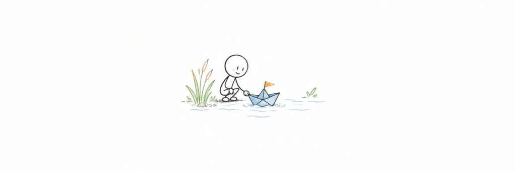 紙の舟をそっと水に浮かべて見守る、魚座男性への連絡再開を表す棒人間のイラスト