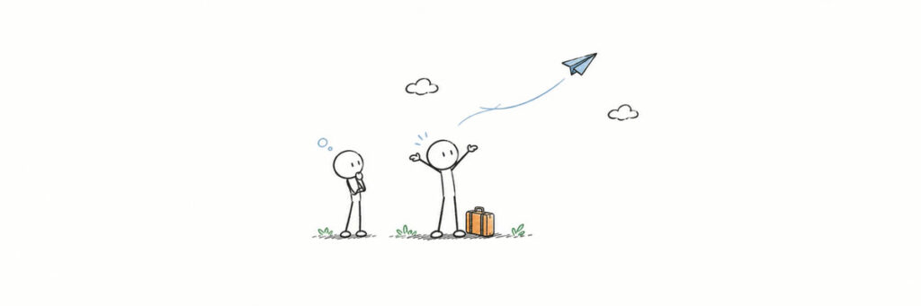 広い空に伸びをする棒人間と飛んでいく紙飛行機のイラスト(射手座男性との復縁は難しい?)