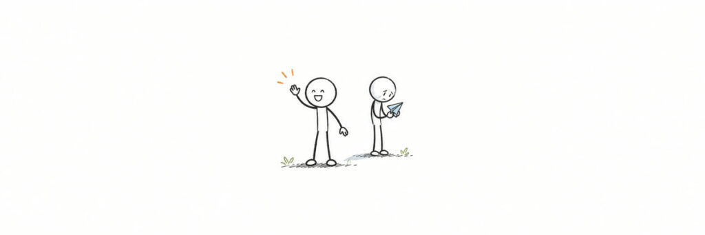 明るく手を振る裏で寂しさを見せる射手座男性の未練サインを表す棒人間のイラスト