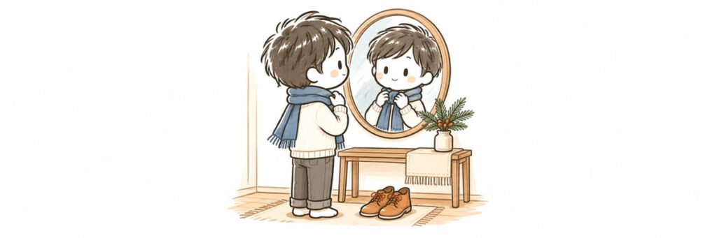 鏡の前でマフラーを整える棒人間のイラスト（気になる女性を誘う前の準備）
