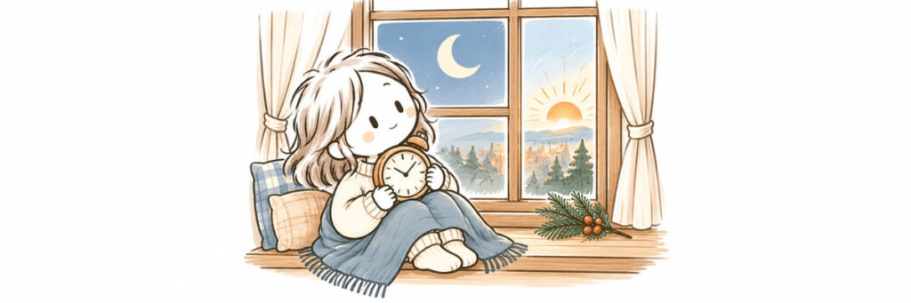 時計を抱えて窓辺で過ごす棒人間のイラスト（約束から翌日までの様子）